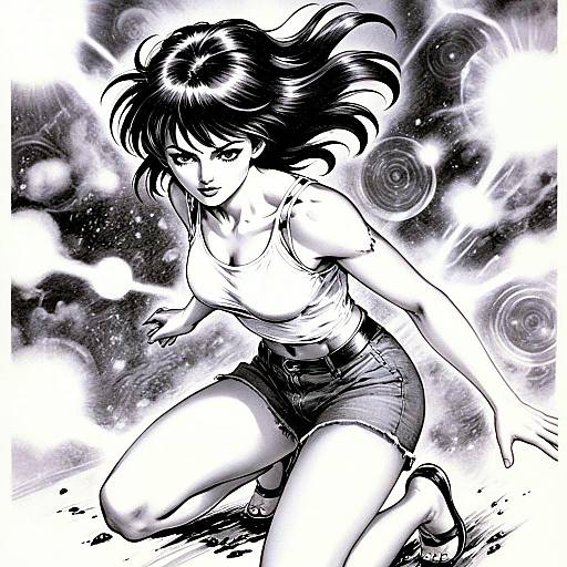 Dynamic Manga Style Illustration of Woman in Action Pose with Cosmic Background