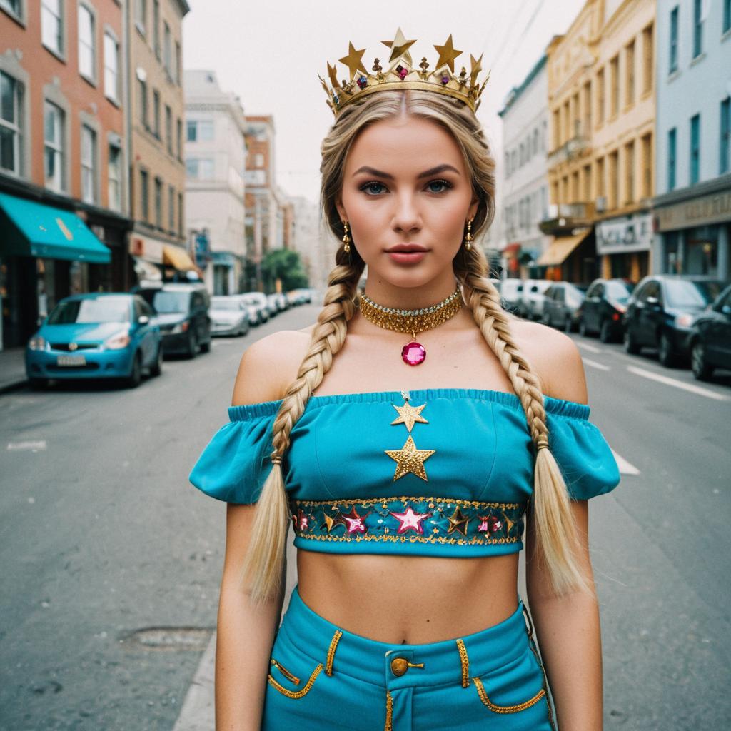 Young Woman in Vibrant Turquoise Outfit with Star Crown on City Street