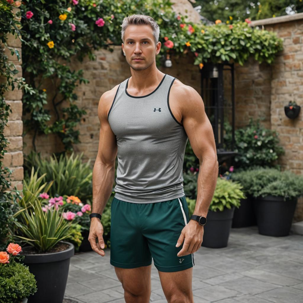 Confident Man in Athletic Wear in Serene Garden