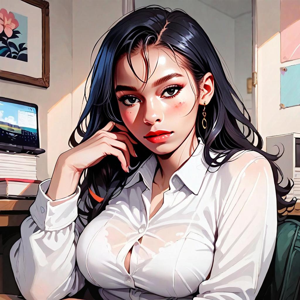 Anime Style Portrait of Woman in White Blouse with Black Hair in Indoor Setting