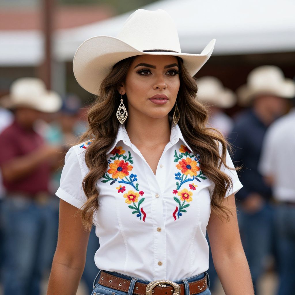 Elegant Woman in White Cowboy Hat and Floral Embroidered Shirt