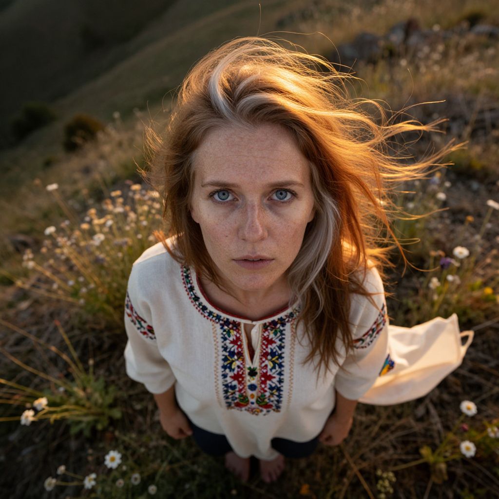 Woman in Embroidered Blouse Standing in Wildflower Field at Golden Hour