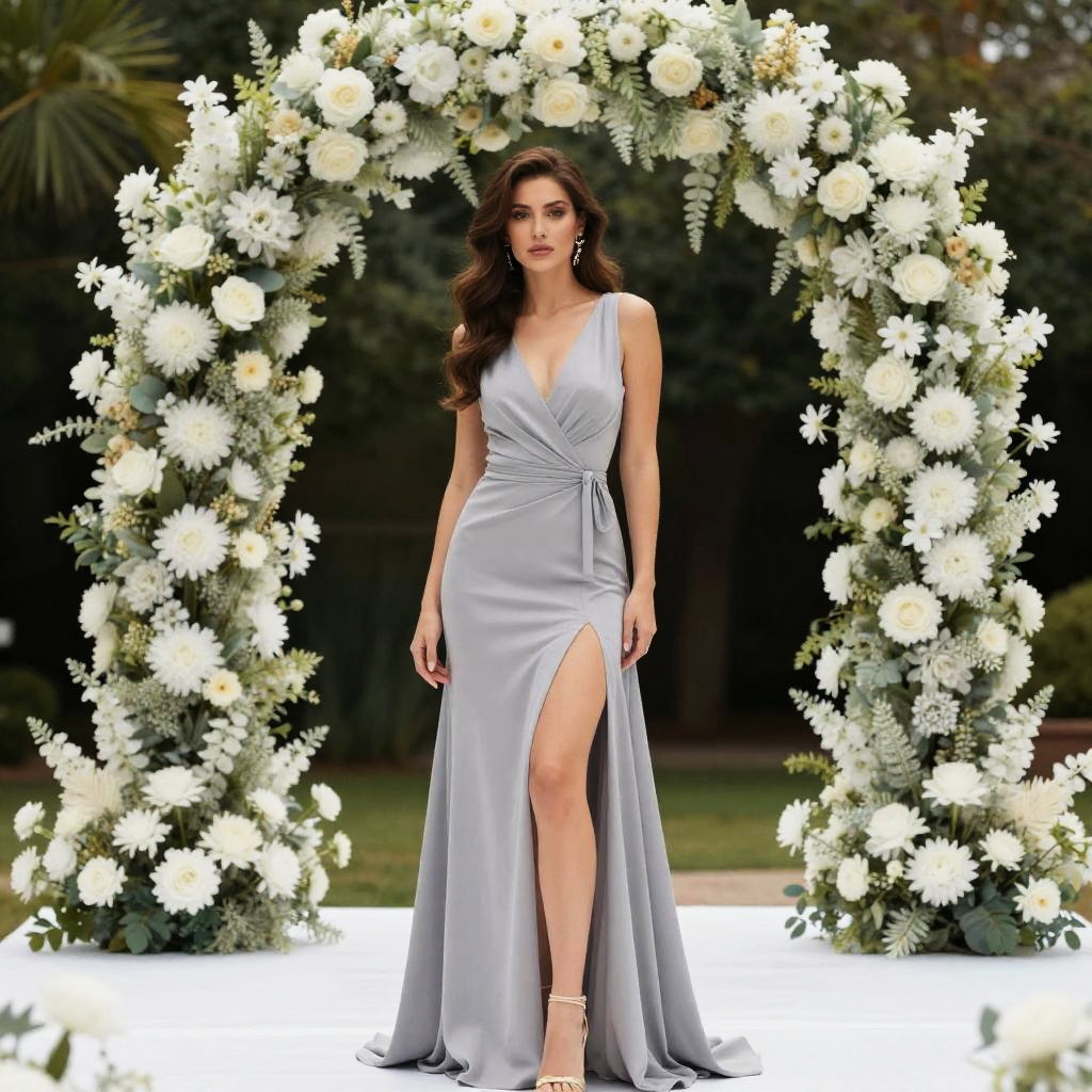 Elegant Gray 40th Birthday Dress with Floral Arch Backdrop