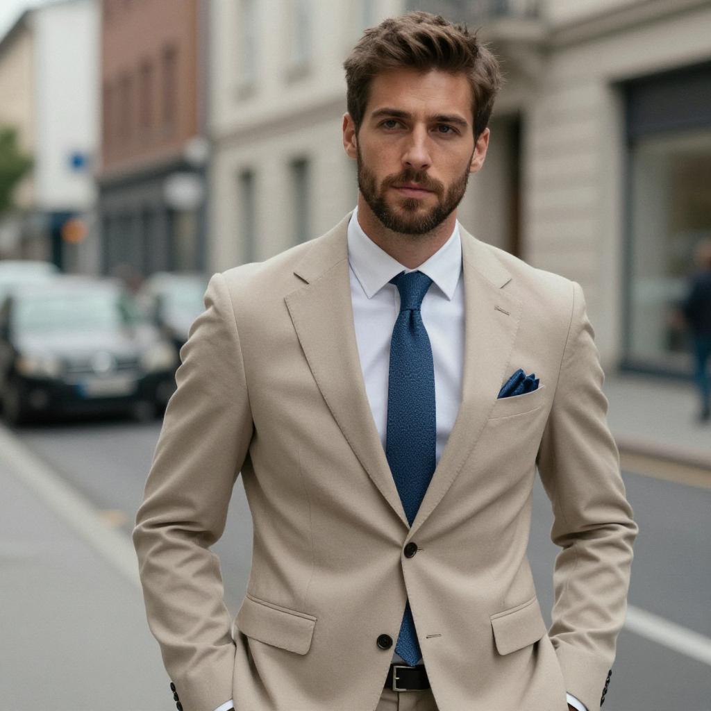 Confident Man in Beige Suit and Blue Tie on City Street