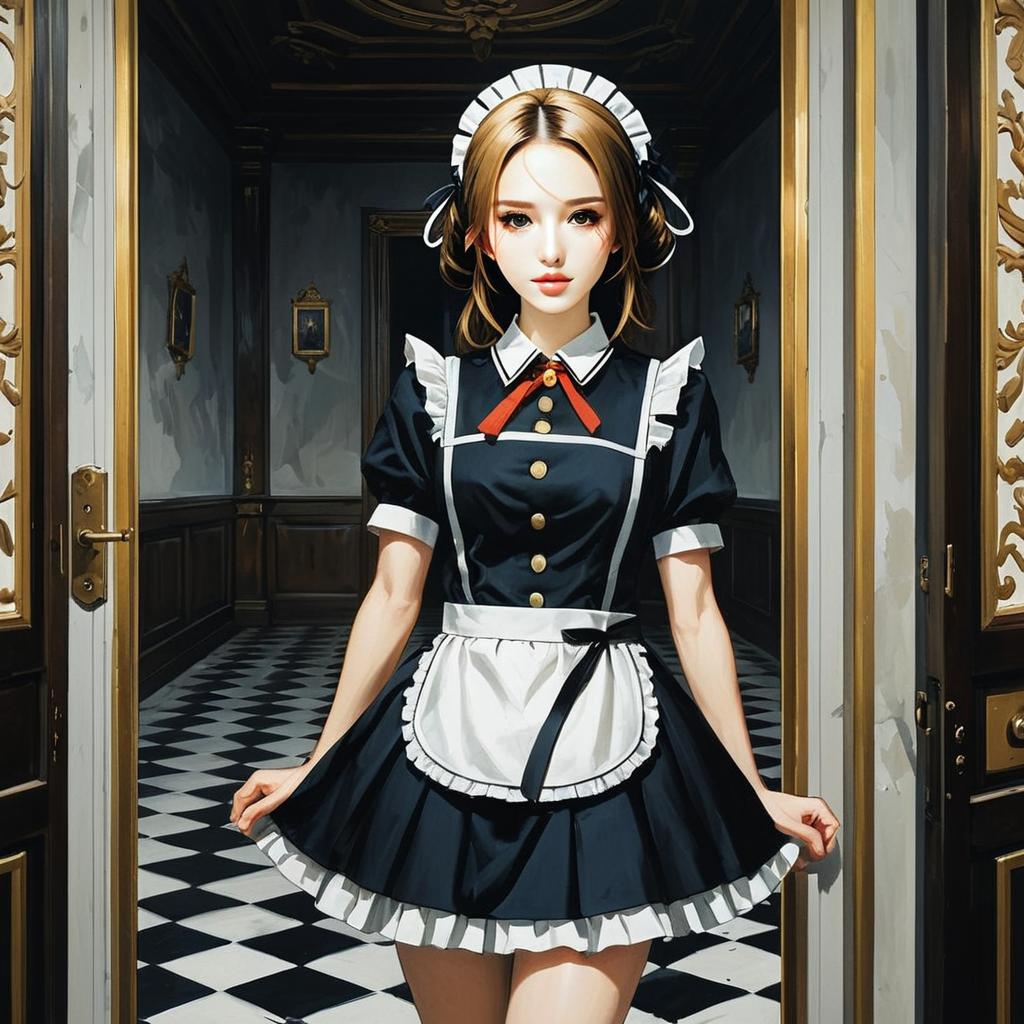 Anime Style French Maid Woman in Elegant Checkered Hallway