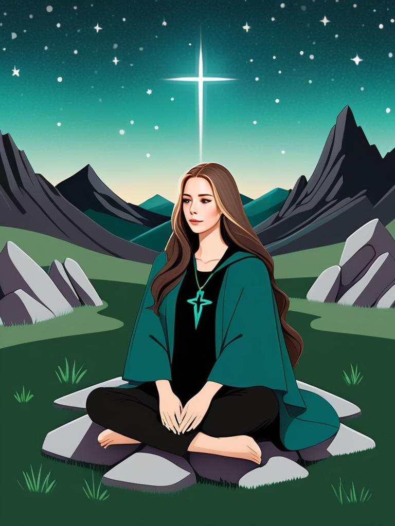 Serene Woman in Cloak Under Starry Sky