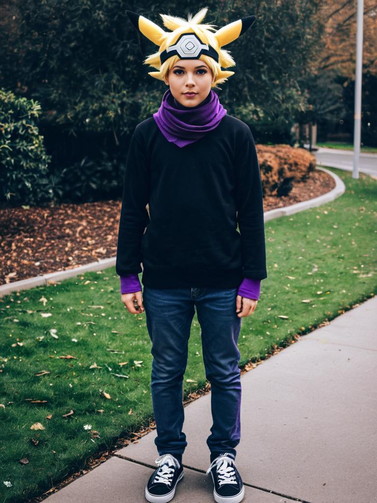 Woman in Realistic Pikachu Cosplay Headgear Outdoors