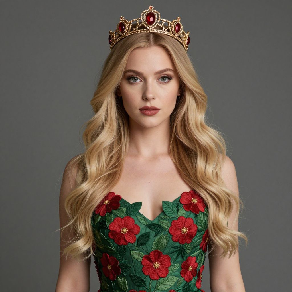 Regal Woman in Green Floral Gown with Gold Red Jewel Crown