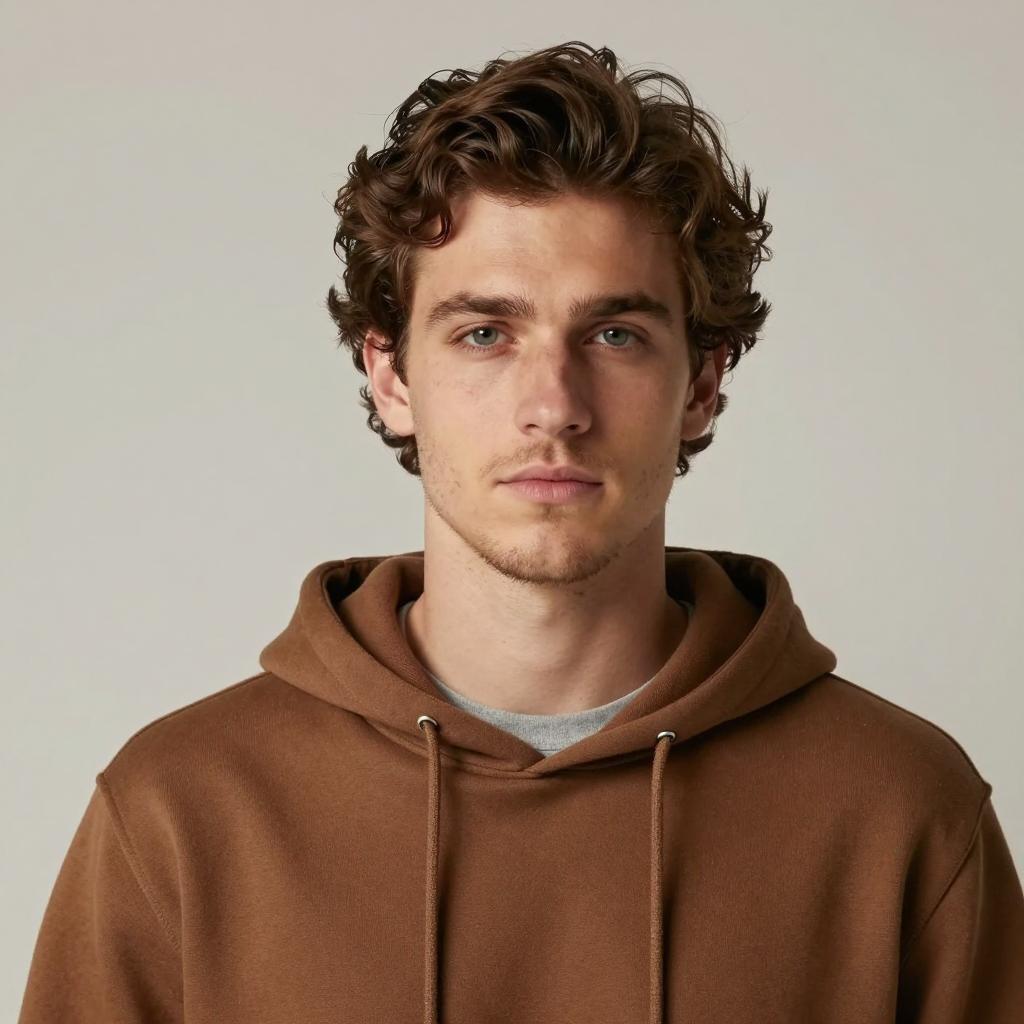 Portrait of Young Man in Brown Hoodie with Wavy Hair