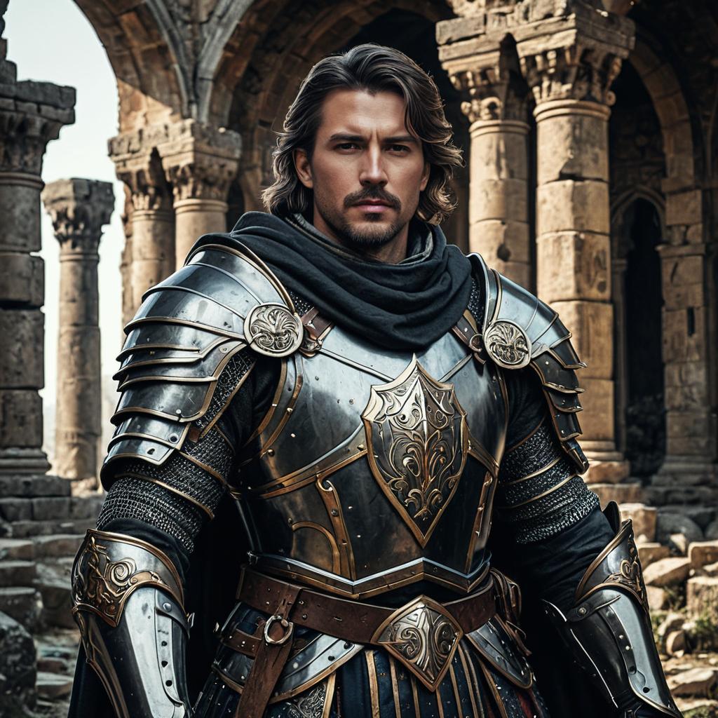 Dark Fantasy Warrior Aaron in Ornate Medieval Armor Portrait