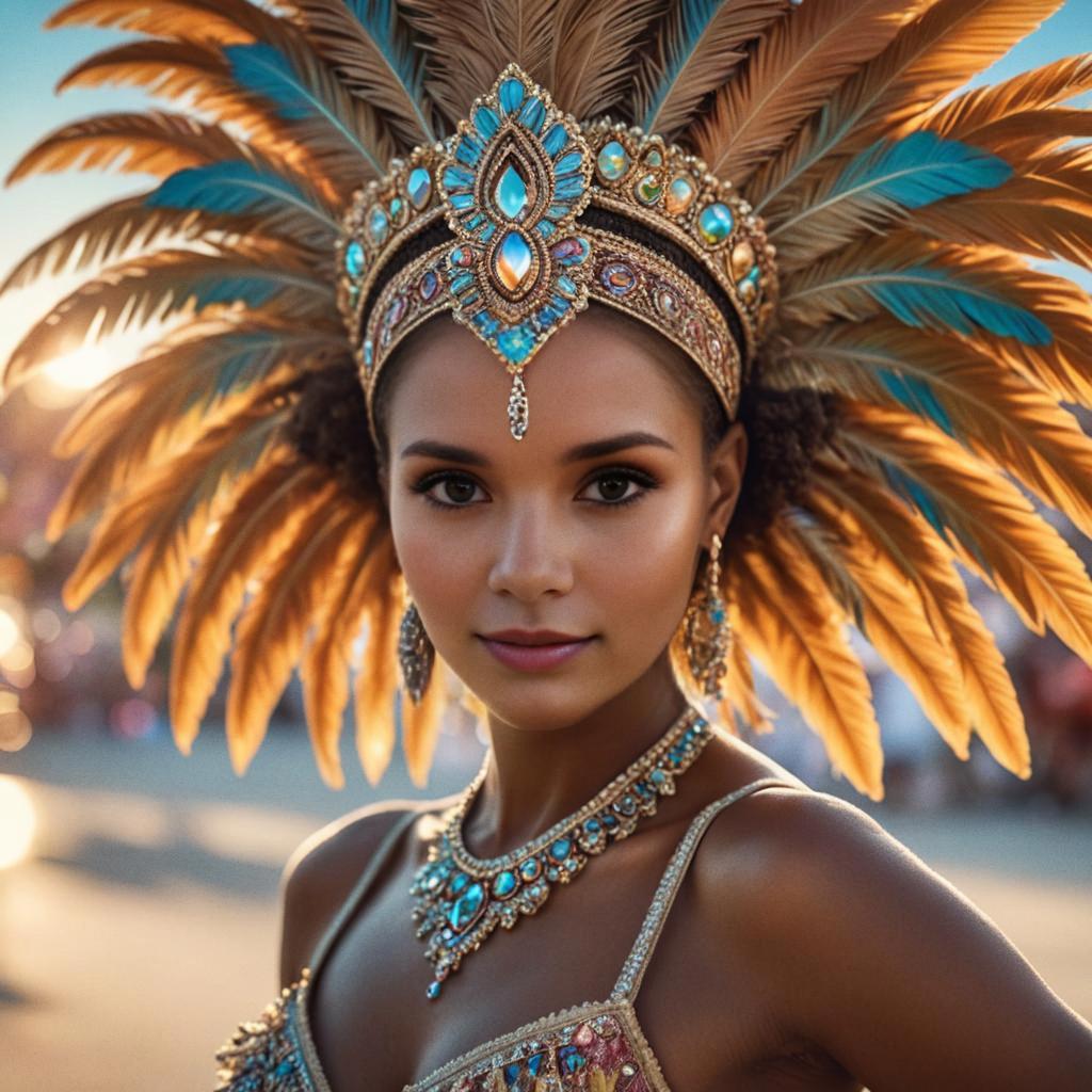 Woman in Feathered Headdress and Jewelry at Sunset