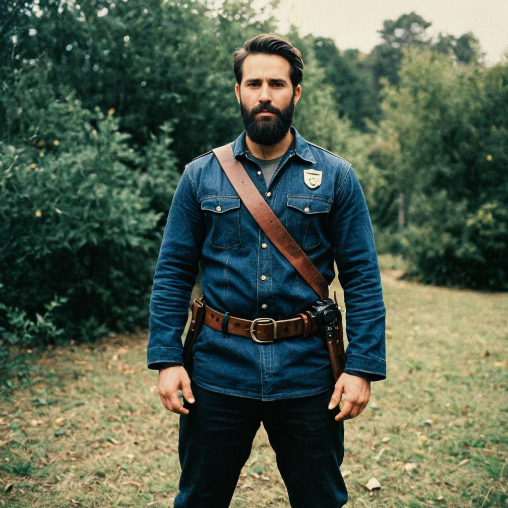 Bearded man in denim jacket outdoors