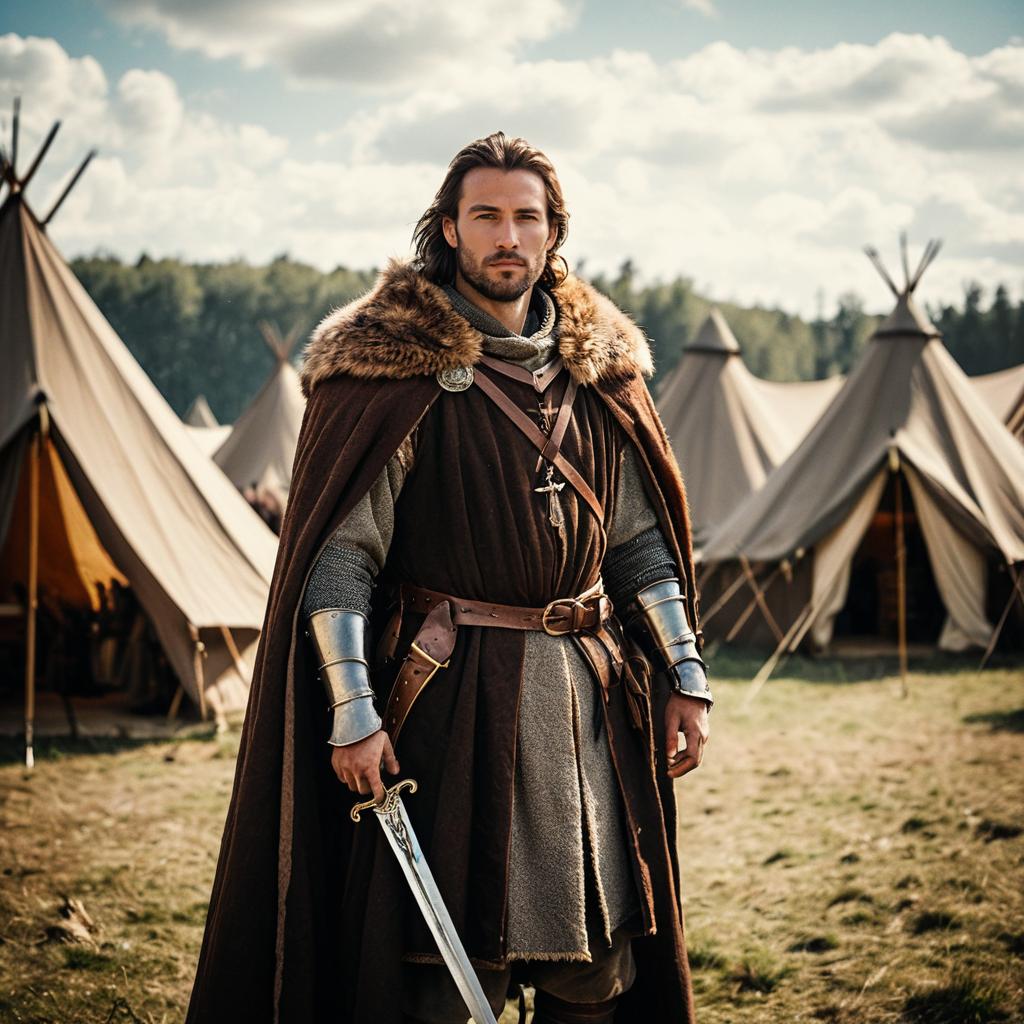 Medieval Knight in Historical Camp Holding Sword