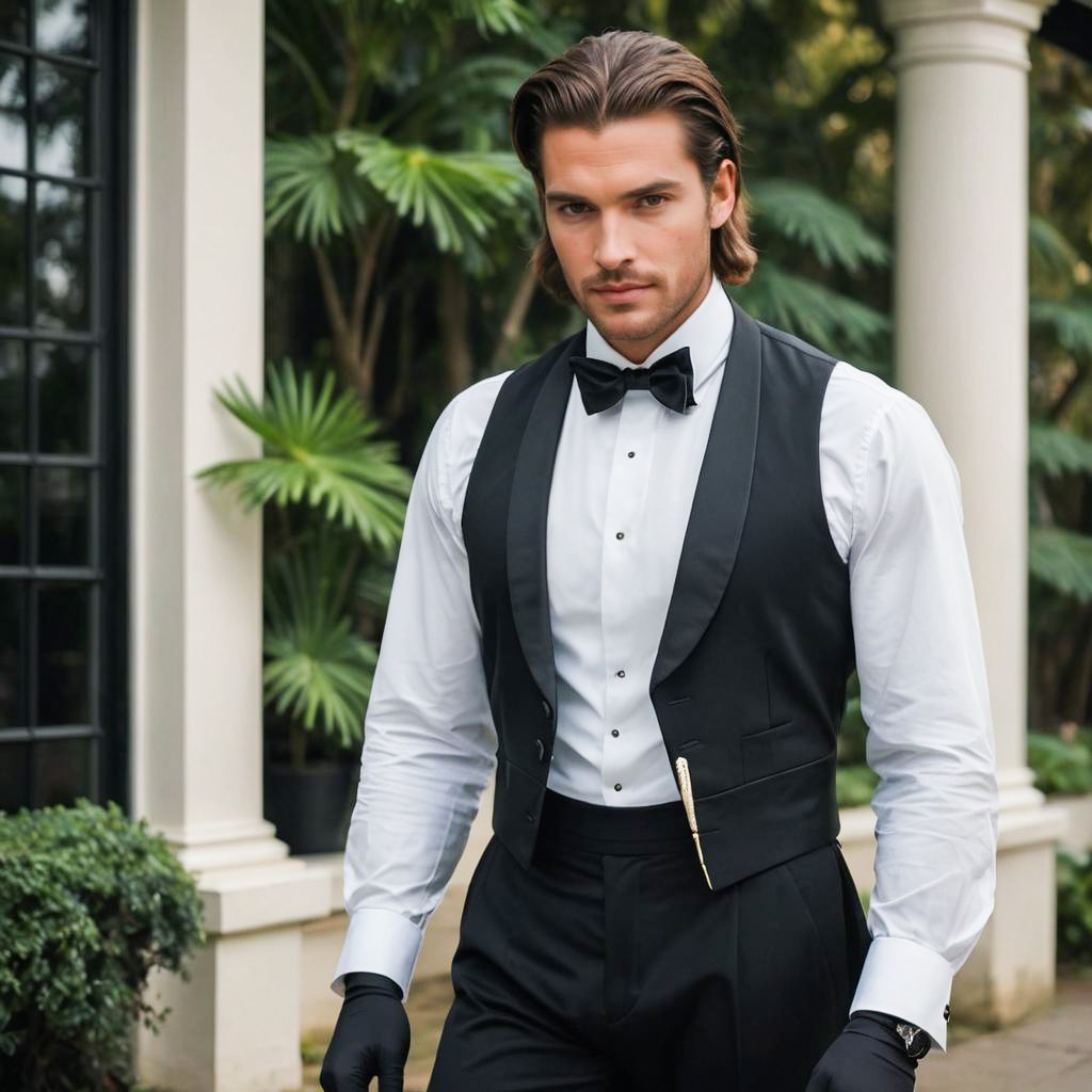 Stylish Man in Black Waistcoat and Bow Tie in Garden