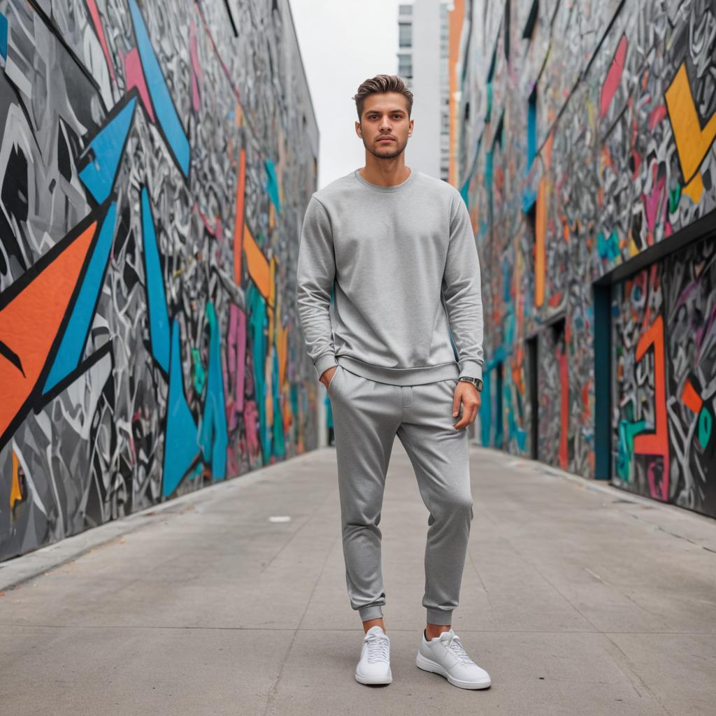 Stylish man in casual grey outfit against graffiti wall