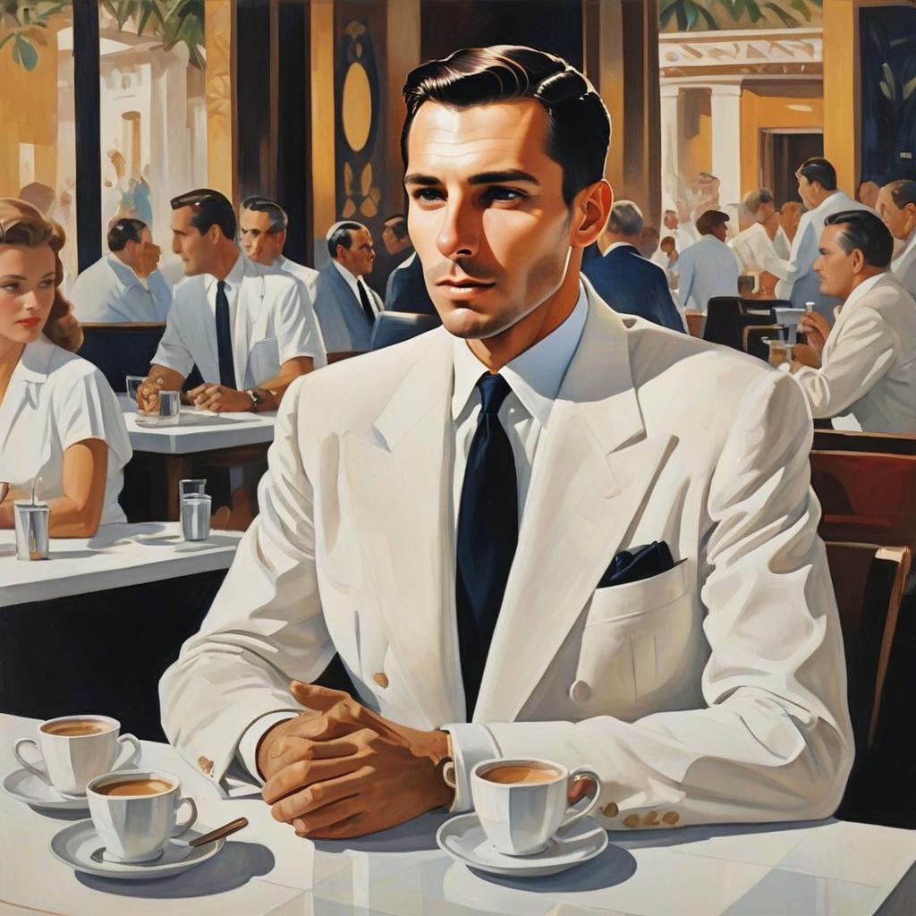 Retro Illustration of Confident Man in White Suit at Café Retro Illustration of Confident Man in White Suit at Café