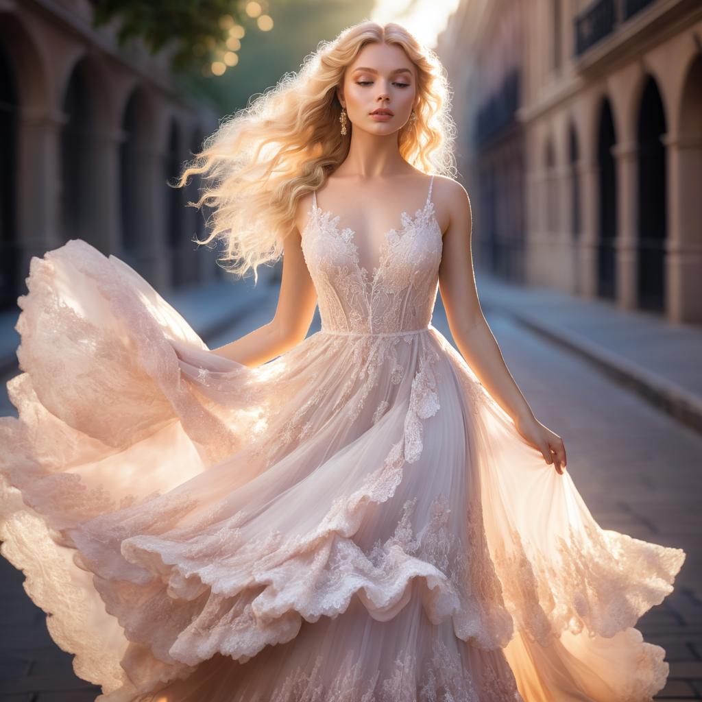 Young Woman in Elegant Gown Twirling