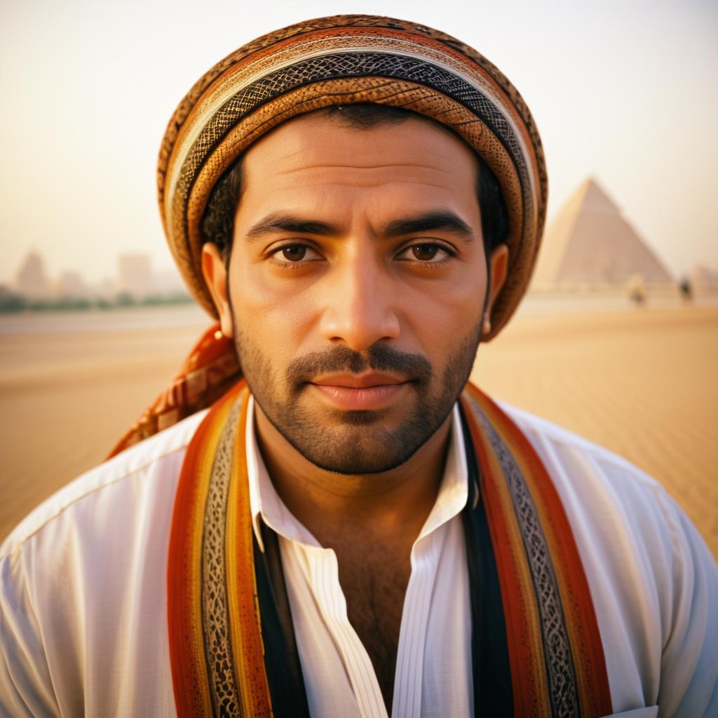 Young Man in Traditional Headscarf with Pyramids