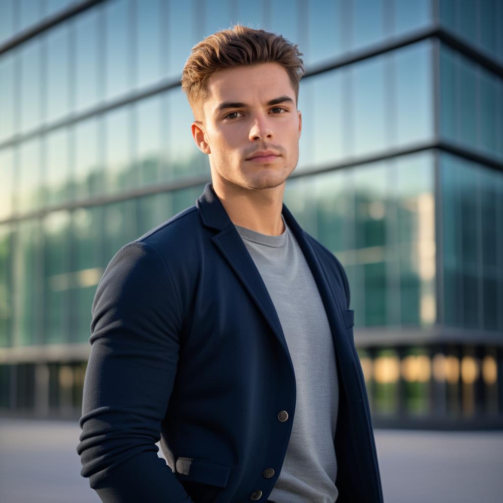 Stylish Young Man in Modern Glass Building