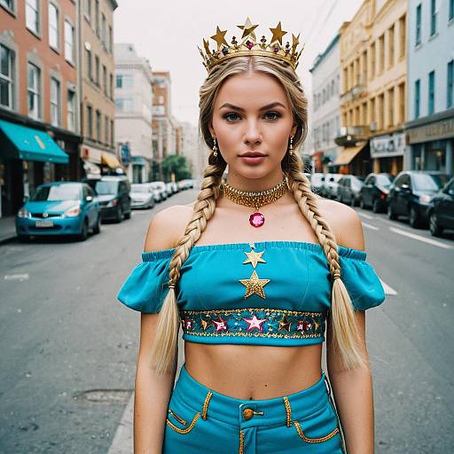 Young Woman in Vibrant Turquoise Outfit with Star Crown on City Street
