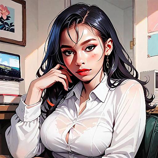 Anime Style Portrait of Woman in White Blouse with Black Hair in Indoor Setting