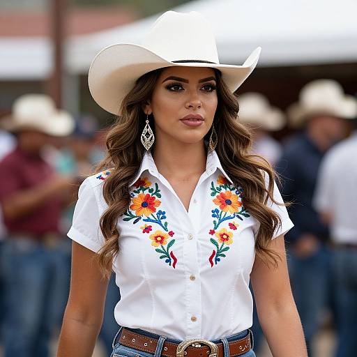 Elegant Woman in White Cowboy Hat and Floral Embroidered Shirt