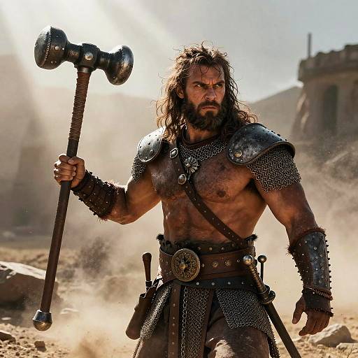 Medieval Warrior Man with War Hammer in Fantasy Battle Scene