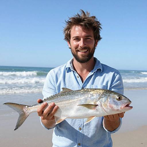 Smiling Man Holding Large Fish on Beach with Ocean Background