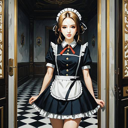 Anime Style French Maid Woman in Elegant Checkered Hallway