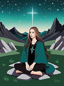 Serene Woman in Cloak Under Starry Sky