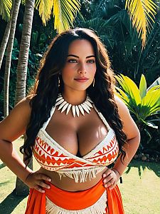 Woman in Revealing Moana-Inspired Costume with Tropical Background
