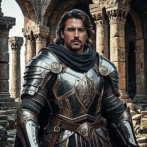 Dark Fantasy Warrior Aaron in Ornate Medieval Armor Portrait