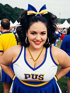 Plus Size Woman in Blue Yellow Cheerleader Costume Candid Cosplay Festival Portrait