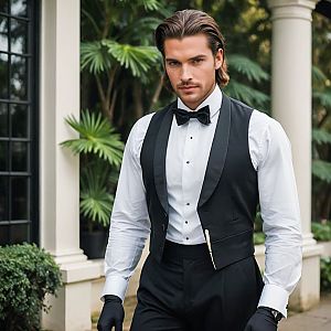 Stylish Man in Black Waistcoat and Bow Tie in Garden