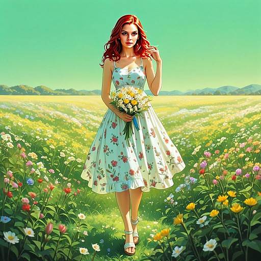 Red-Haired Woman in Floral Dress Standing in Blooming Field Digital Artwork