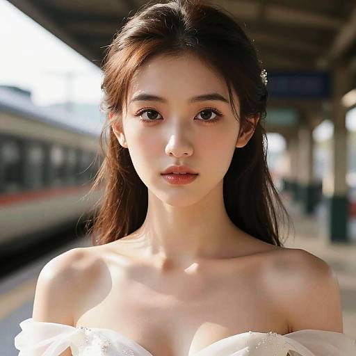 Elegant Young Woman in Off-Shoulder Dress at Train Station Gen Z Style