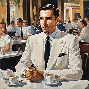 Retro Illustration of Confident Man in White Suit at Café