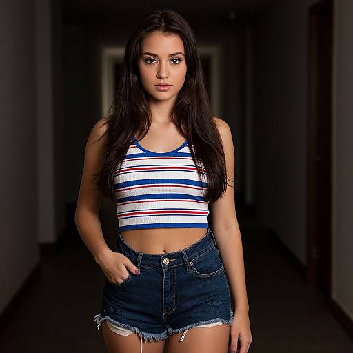 Confident Young Woman in Striped Crop Top and Denim Shorts