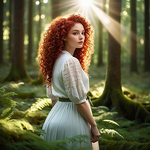 Woman with Red Hair in Sunlit Forest