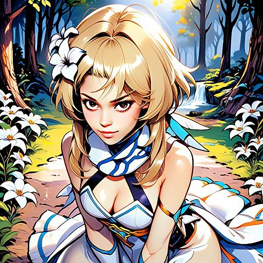 Anime Blonde Woman in Fantasy Forest with Lily Flowers