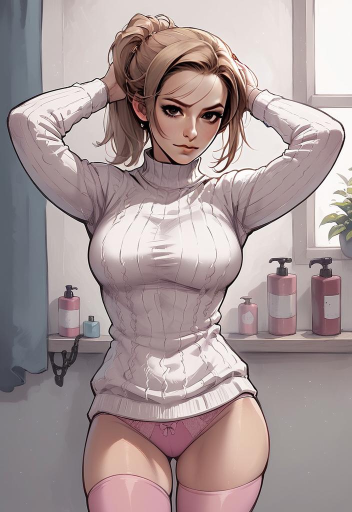 Young Woman in White Sweater and Pink Underwear Anime Style Illustration