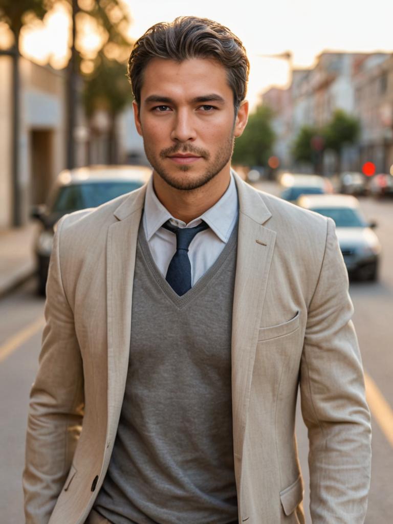 Man in Tan Blazer and Vest on City Street