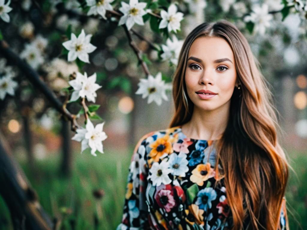 Young Woman Among Blooming Flowers