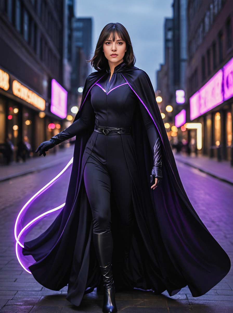 Powerful Woman in Black Costume with Cape