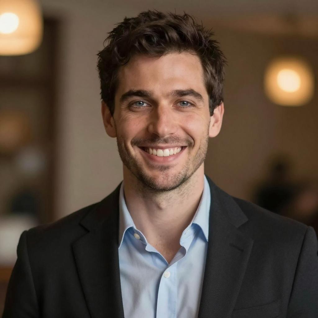 Smiling Young Man in Black Blazer and Light Blue Shirt