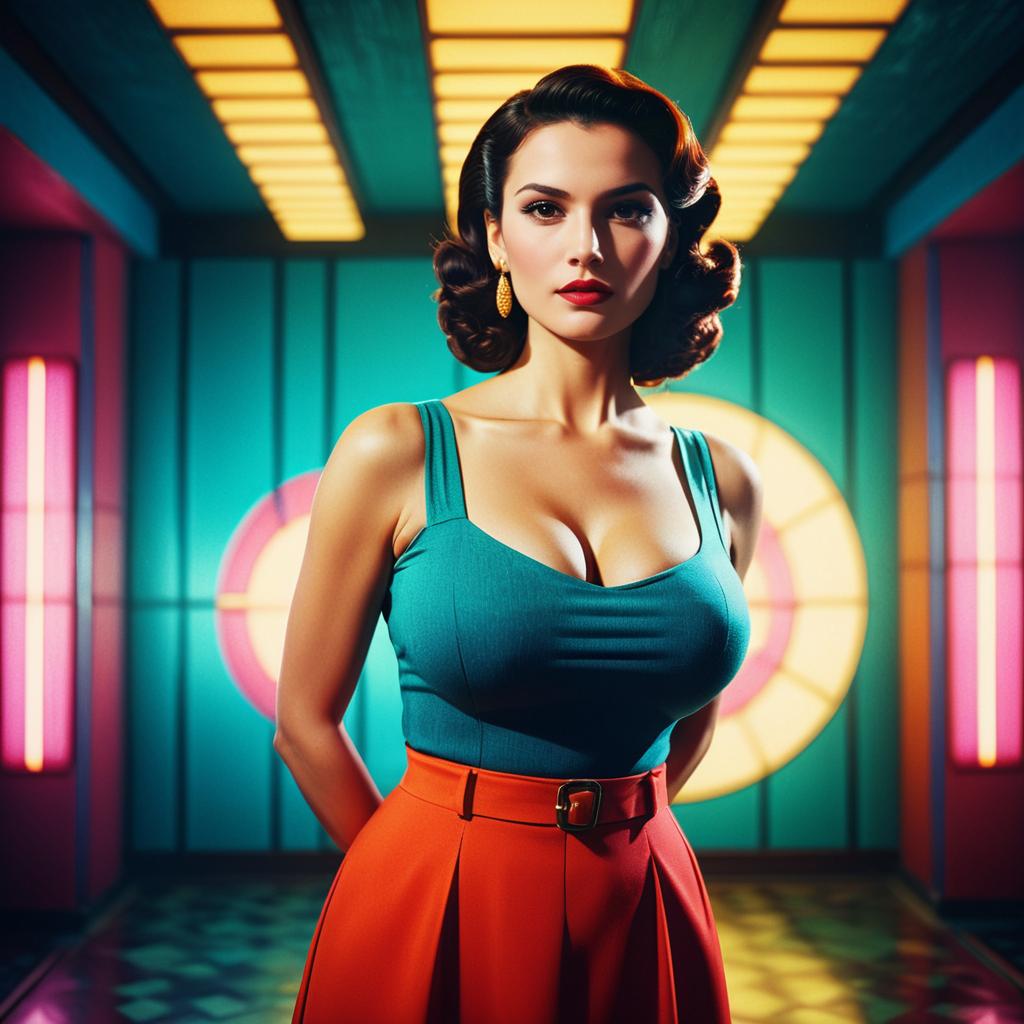 Confident woman in retro setting with bold colors Confident woman in retro setting with bold colors