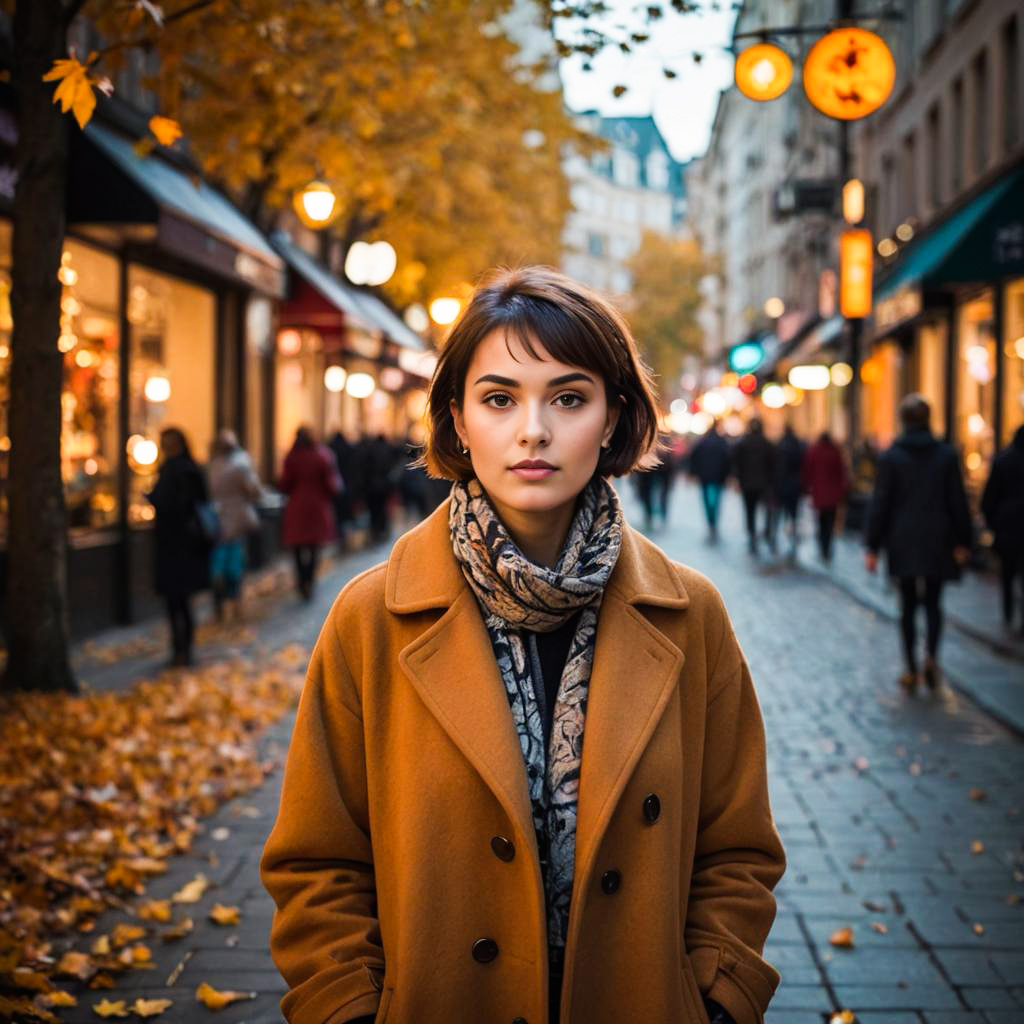 Woman with Butterfly Haircut in Autumn Cityscape