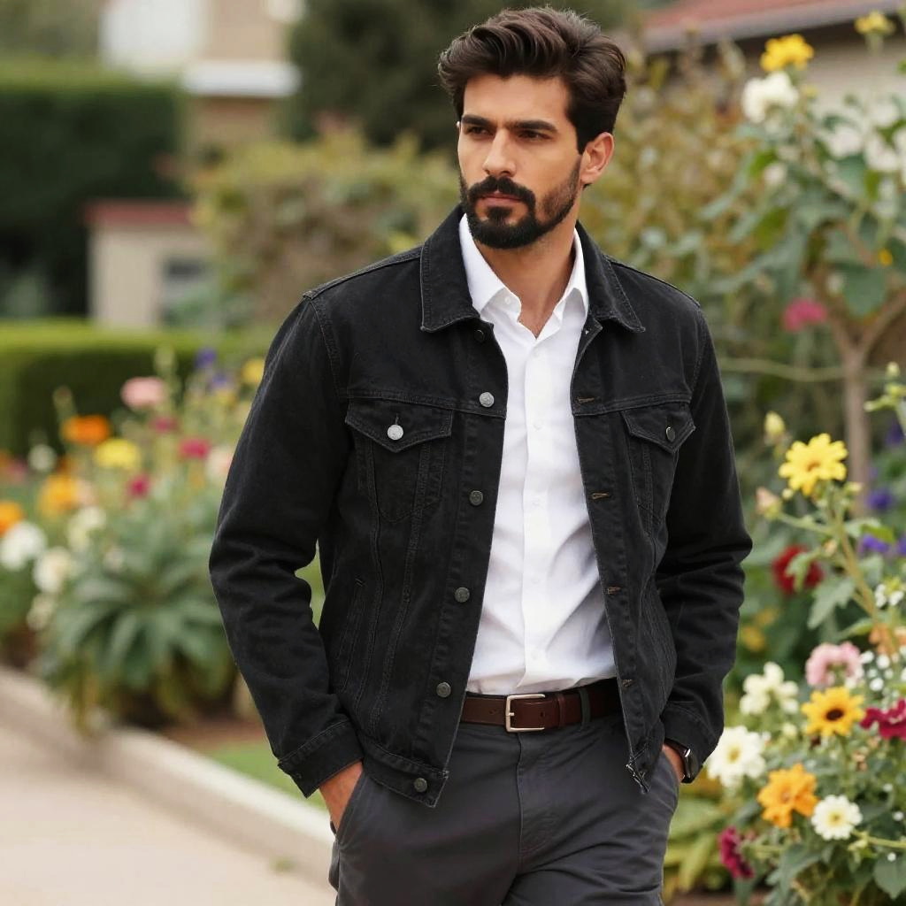 Stylish Man Wearing Black Denim Jacket and White Shirt Outdoors