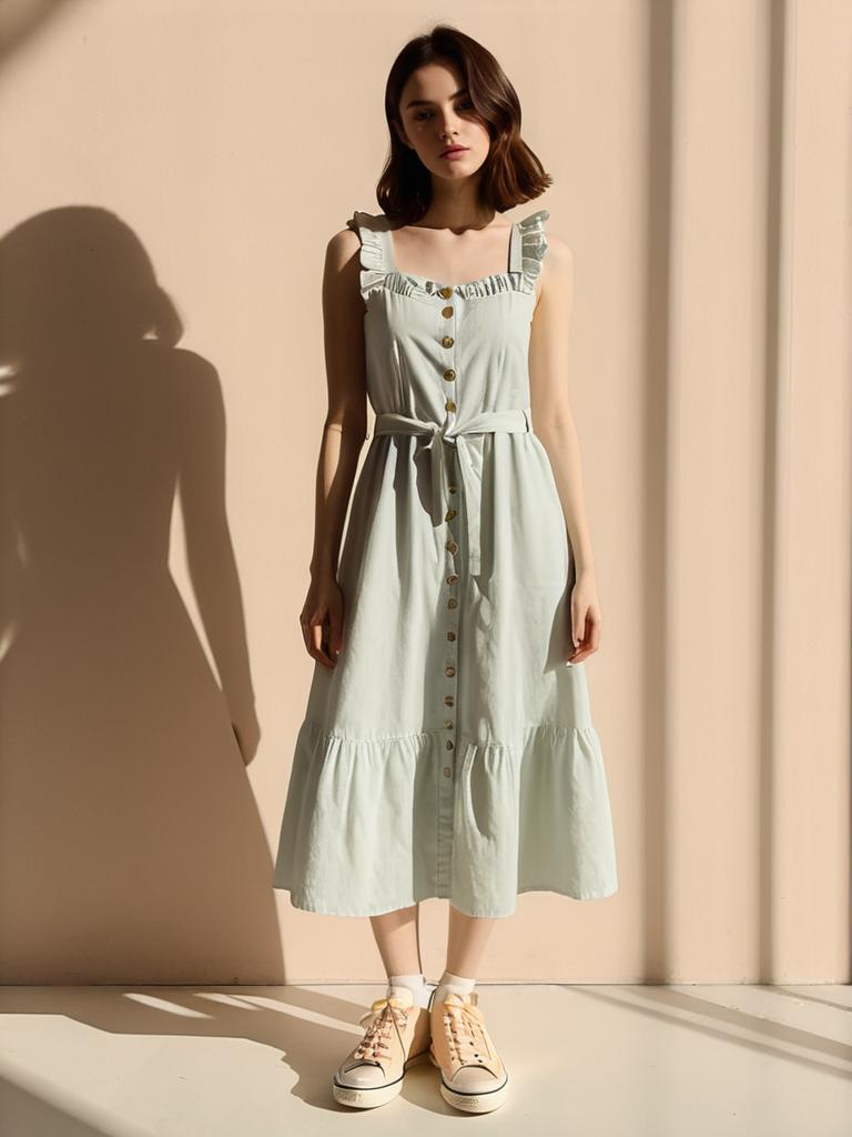 Woman Casual Summer White Sleeveless Midi Dress with Ruffle Trim
