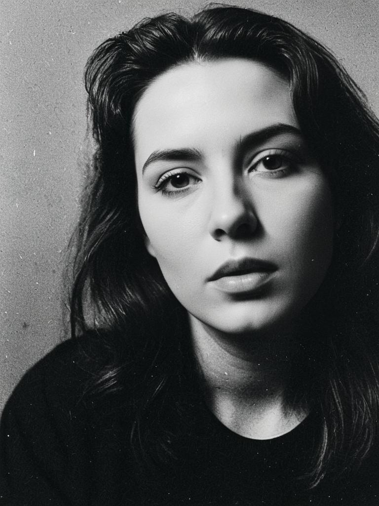 Black and White Close-Up Portrait of Woman with Dark Hair